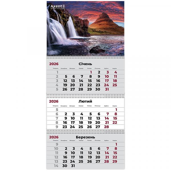 Календар настінний квартальний 2026 р.,3 пр. Waterfalls 3