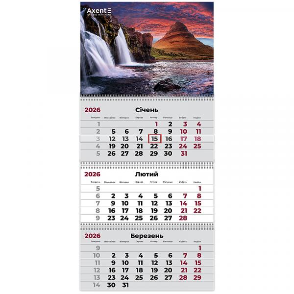 Календар настінний квартальний 2026 р.,3 пр. Waterfalls 3