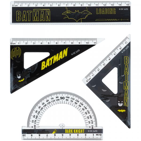 Набір: лінійка 15 см, 2 косінця, транспортир, з принтом DC