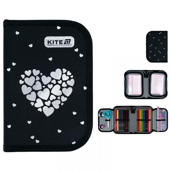Пенал Kite 1 від., 2 відв., з наповненням 622H Black&Silver