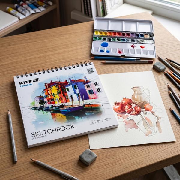 Скетчбук для акварелі, 21*21 см, 20 арк.,спір, Kite Creative
